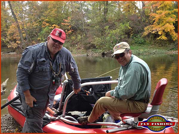 Flyfishing guide Jeff Conrad with client Eric Simpson on the White River in Carmel/Fishers, Indiana